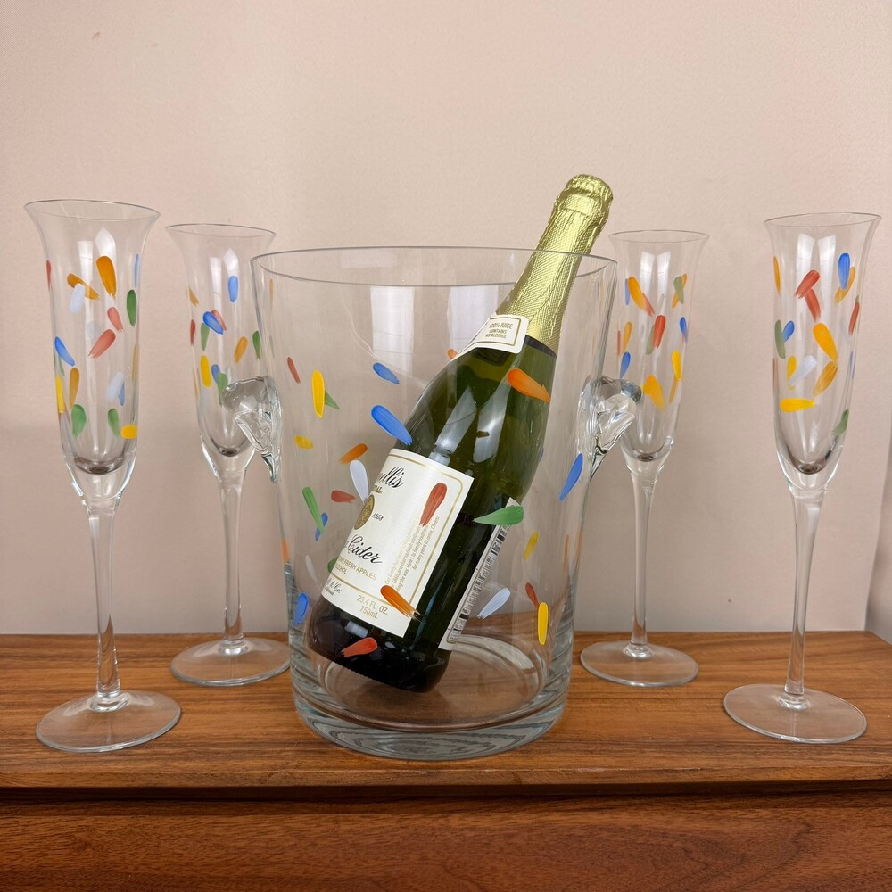 Multicolored Confetti 10.5” Glass Ice Bucket w/ (4) 11” Champagne Flutes